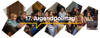Kampagnenbild "17. Jugendpolittag" mit Foto vom Jugendpolittag 2023 im Hintergrund