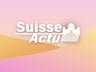 Schrift: Suisse Actu auf pink-gelbem Hintergrund mit einem Bundeshaus-Icon