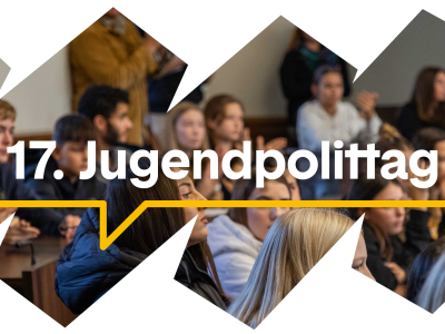 Kampagnenbild "17. Jugendpolittag" mit Foto vom Jugendpolittag 2023 im Hintergrund